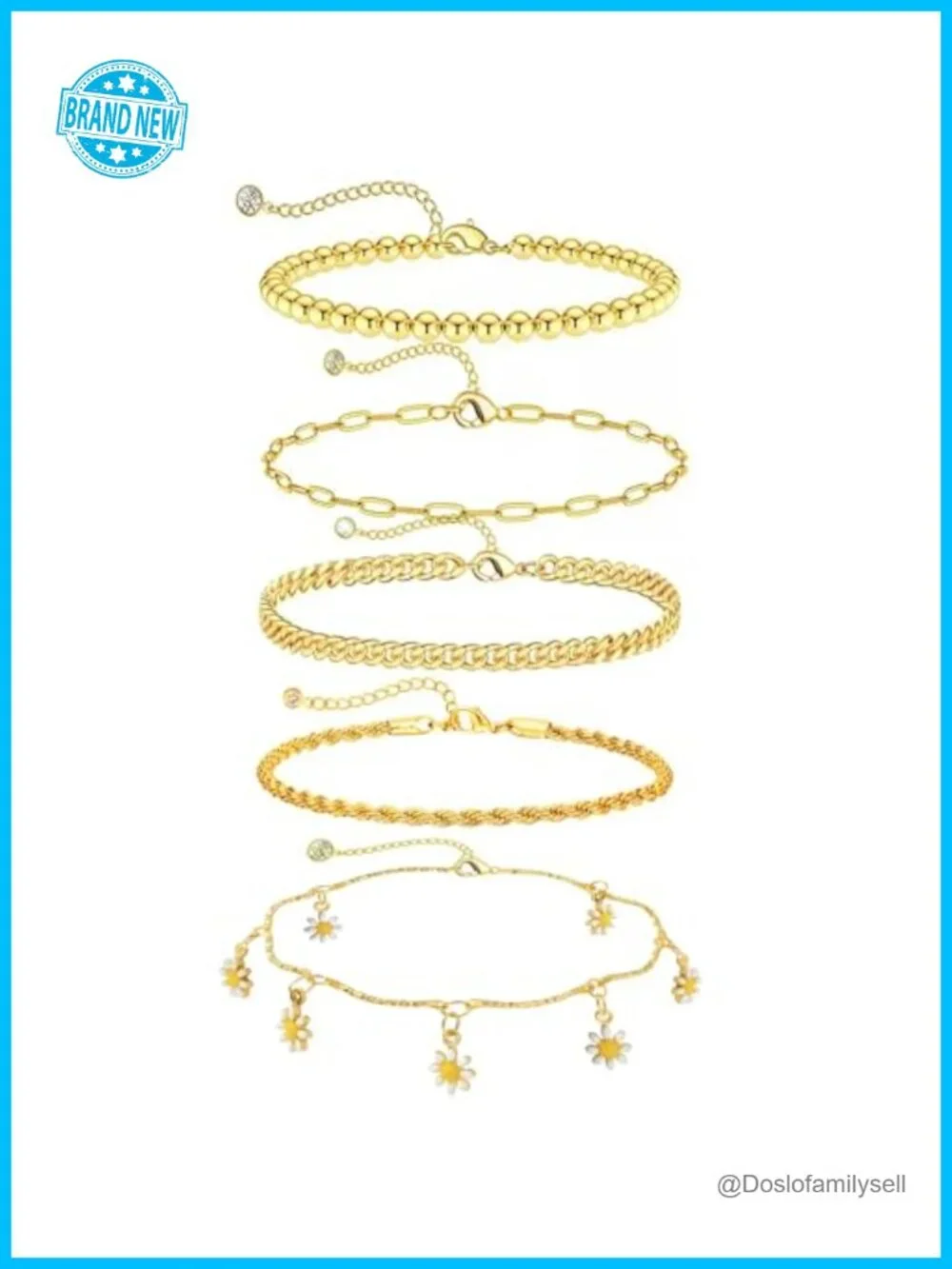 18K Gold Plated 5PCS Dainty Stackable Paperclip Chain Bracelet Set